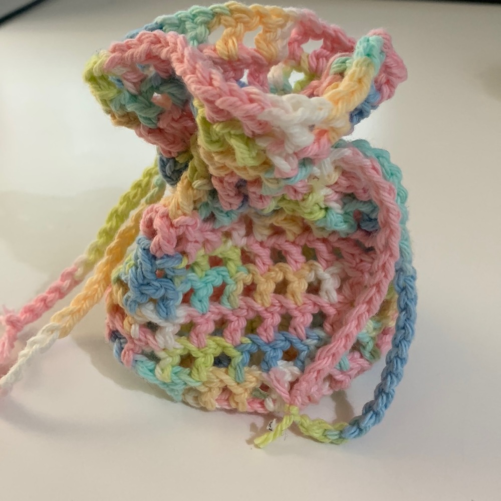 Crochet Draw String Bag Pink Blue Green White Cotton Thread
